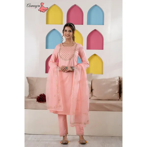 Light Pink Straight Kurti With Pant and Shawl Set For Women From Aamayara Fashion House